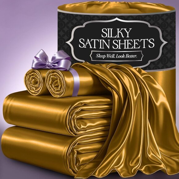 14- Satin 4 Piece Luxury Silky King Size Bedding Set 15" Deep - Picture 1 of 8